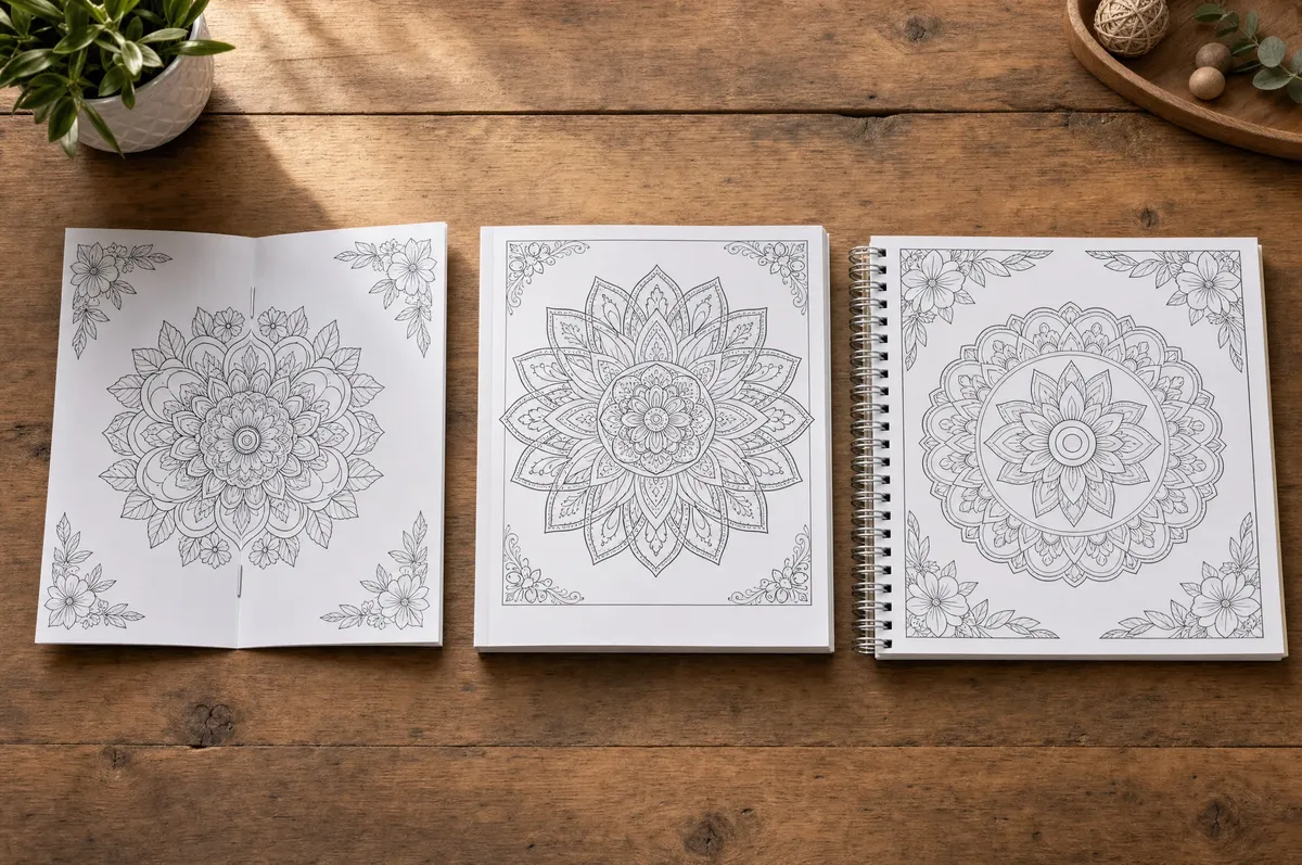 Comparison of three coloring book binding styles: saddle stitch, perfect bound, and Wire-O spiral binding shown lying flat on a wooden table