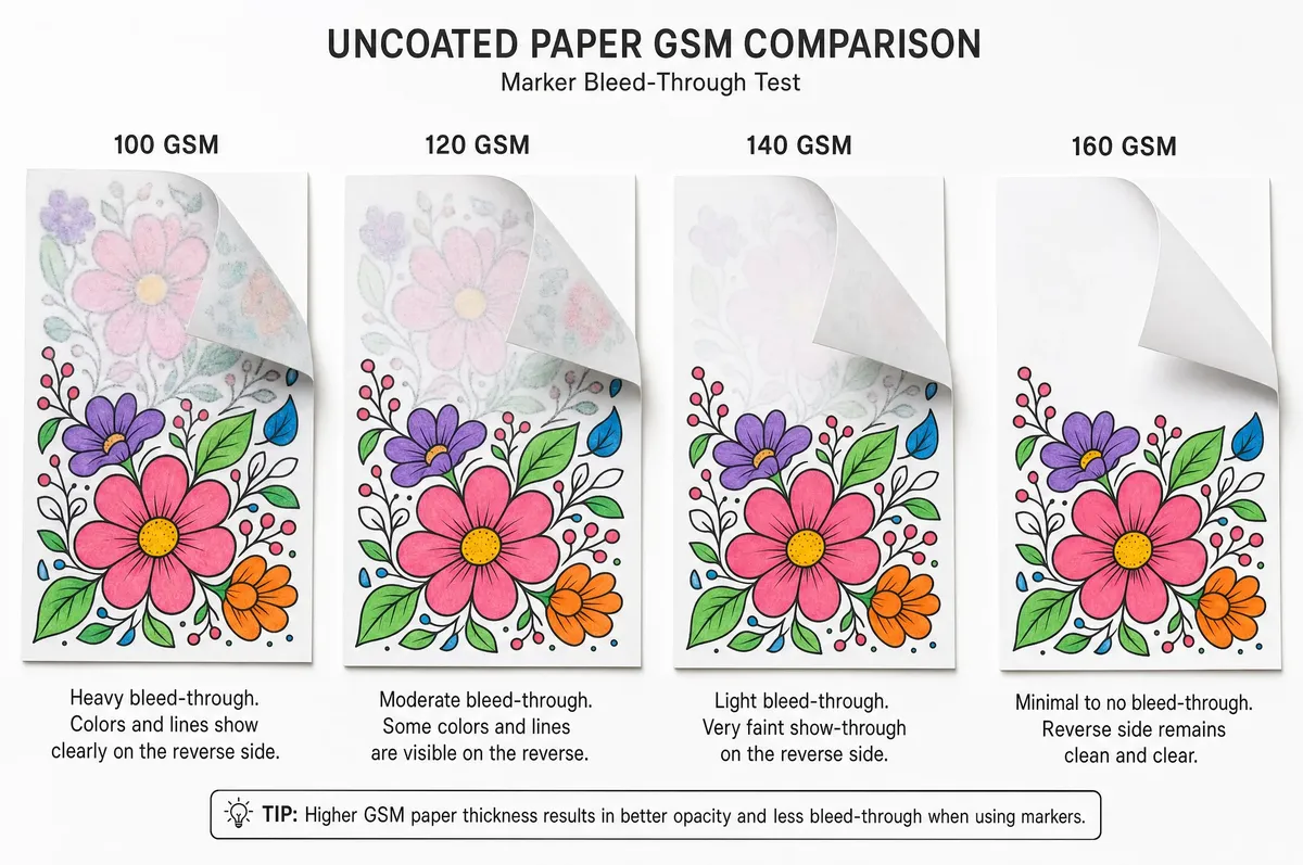 Side-by-side comparison of uncoated paper at 100, 120, 140, and 160 GSM showing marker bleed-through results for coloring book printing