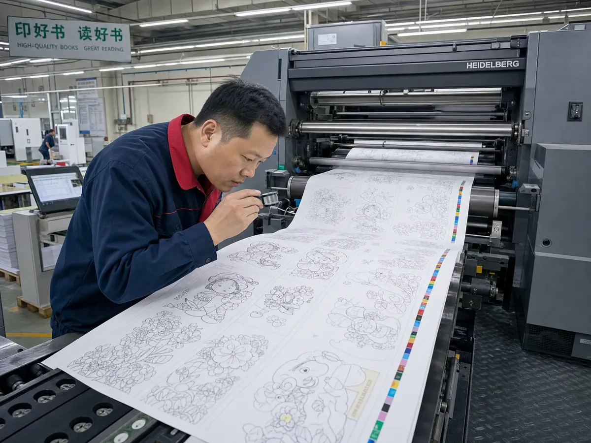 Offset printing production line in a Chinese book printing factory showing coloring book sheets being processed on a Heidelberg press