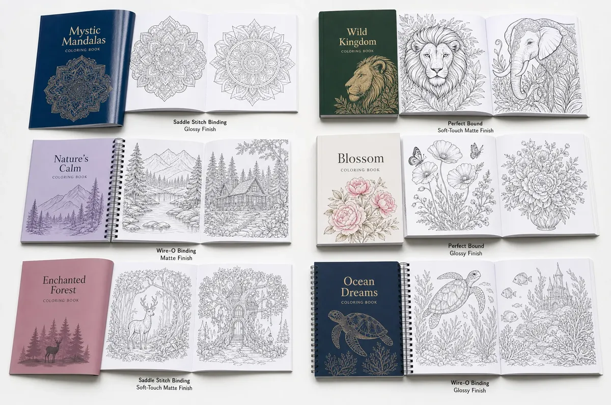Collection of finished coloring books with different bindings and cover finishes printed in China, displayed open on a white background