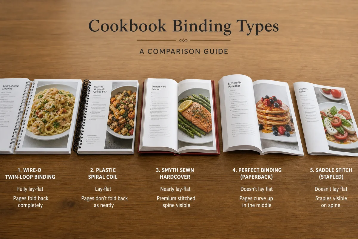 Visual comparison of Wire-O, spiral coil, Smyth sewn hardcover, perfect bound, and saddle stitch binding for cookbooks