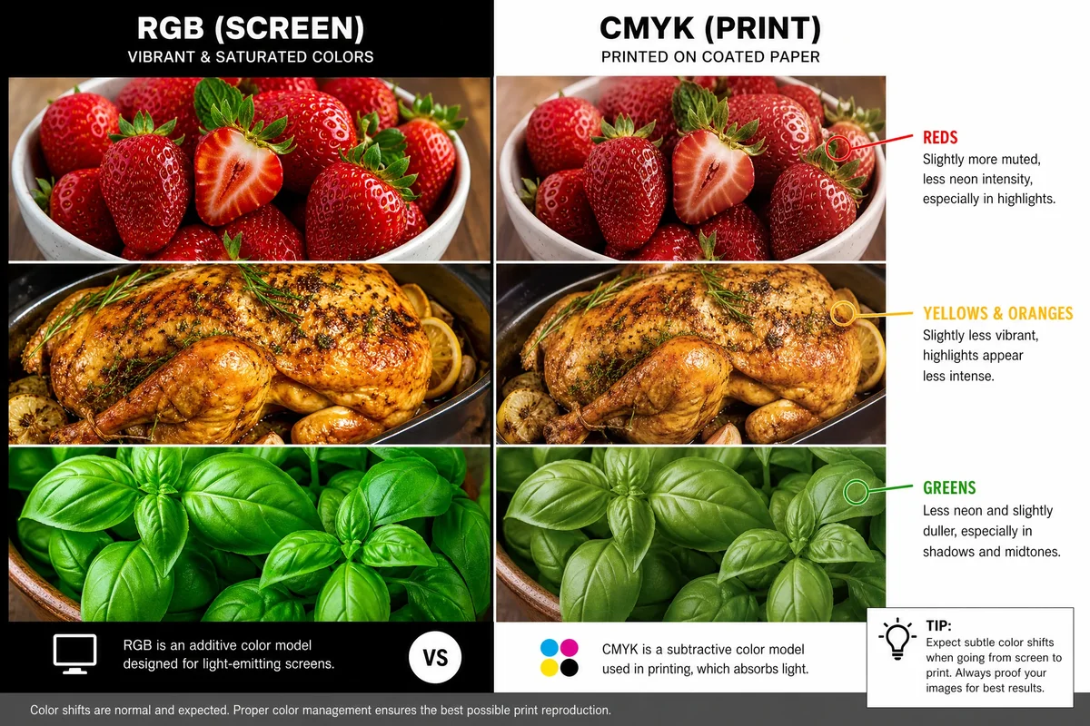 Before and after comparison showing RGB to CMYK color shift in food photography for cookbook printing