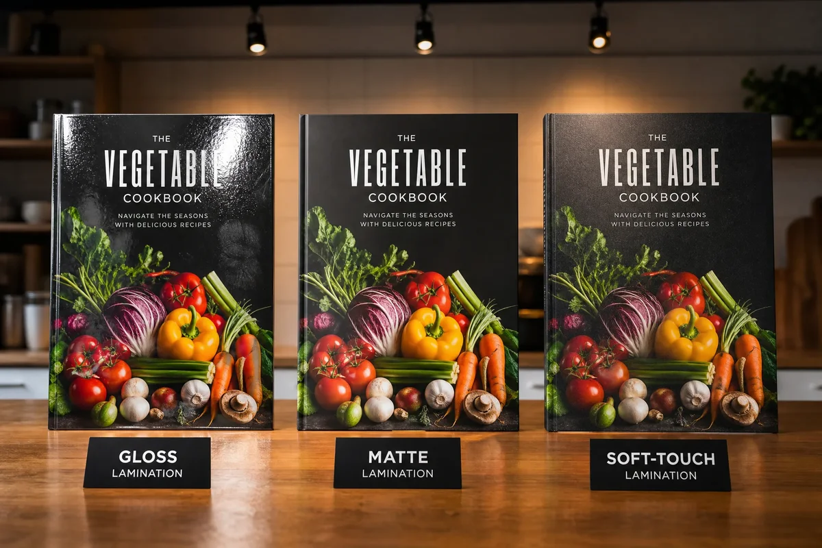 Side-by-side comparison of gloss, matte, and soft-touch lamination finishes on cookbook covers
