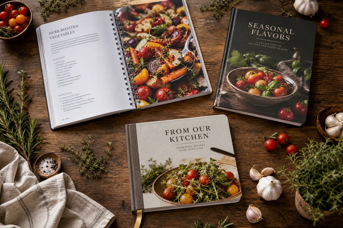 Multiple finished cookbook samples displayed showing various binding options, cover finishes, and special finishing details