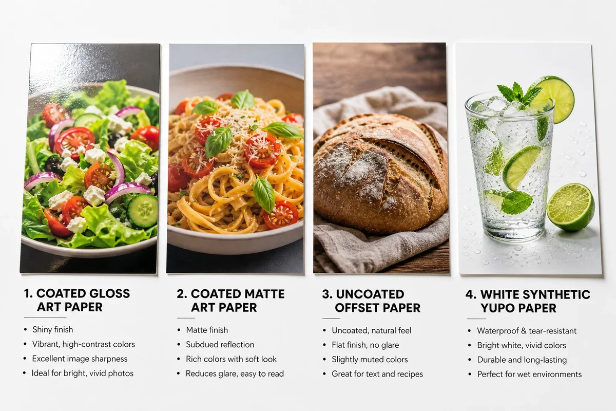 Side-by-side comparison of coated gloss, coated matte, uncoated, and synthetic paper samples for cookbook printing
