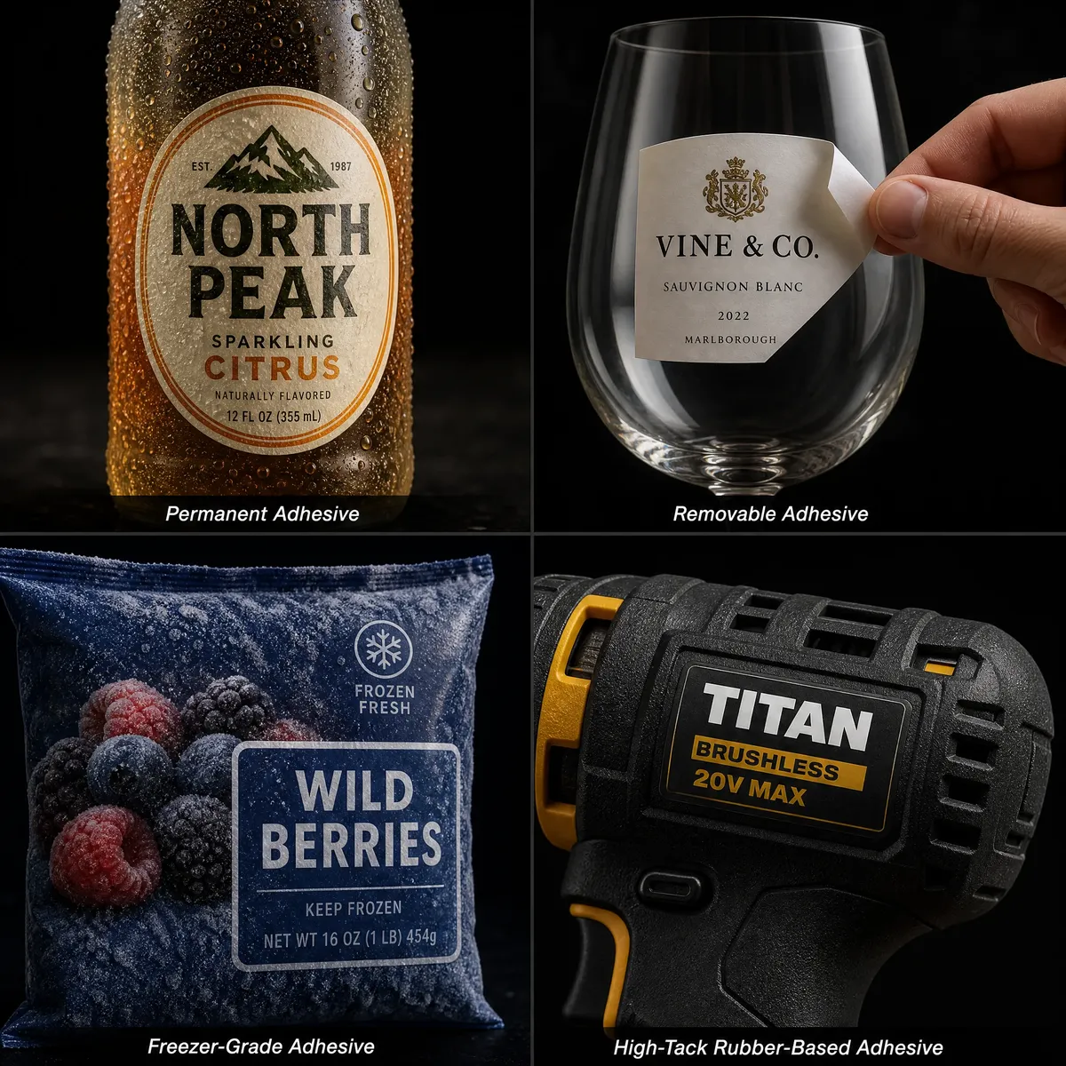 Four label adhesive application scenarios: permanent adhesive on a beverage bottle, removable adhesive peeling cleanly from glass, freezer-grade label on a frozen food package with frost, and high-tack adhesive label gripping a textured plastic surface