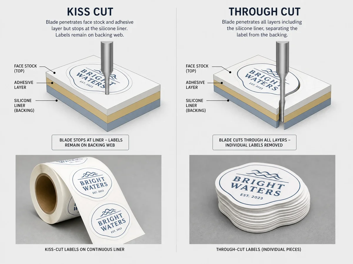 Kiss cut versus through cut diagram: cross-section illustration showing kiss cut blade stopping at the liner leaving labels on backing, and through cut blade going through all layers producing individual separated labels, with roll and sheet output examples