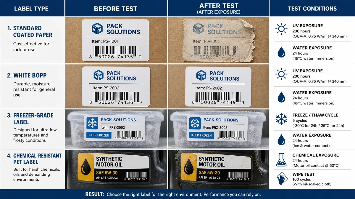 Durability comparison of four label types after environmental exposure testing: standard paper label faded and peeling after UV and water exposure, BOPP label intact after same conditions, freezer label on frozen surface, and chemical-resistant PET label on oil container, all shown with before and after visuals