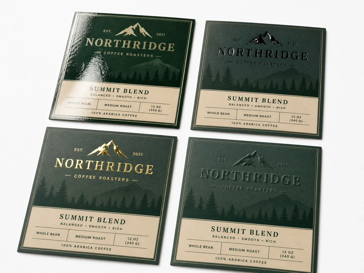 Four identical label designs processed with different finishing techniques: gloss lamination only, matte lamination with spot UV logo, matte lamination with gold foil stamping, and matte lamination with embossed logo, shown under angled light to highlight the surface differences