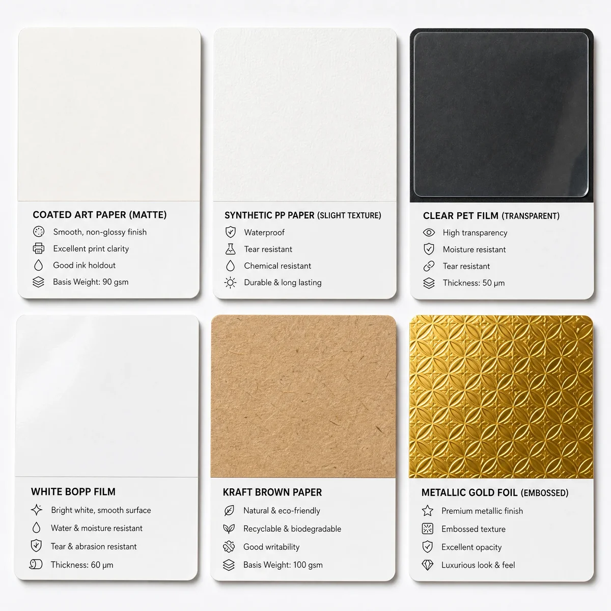 Six label face stock material samples laid out for comparison: coated paper with matte finish, synthetic PP paper, clear PET film, white BOPP film, kraft paper with natural fiber texture, and metallic gold foil with embossed detail, each labeled with material name and key properties