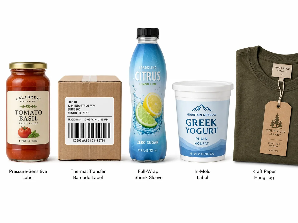 Five custom label types shown on products: pressure-sensitive label on a glass jar, thermal transfer label on a shipping box, shrink sleeve on a curved beverage bottle, in-mold label on a yogurt tub, and a hang tag on a garment with string attachment