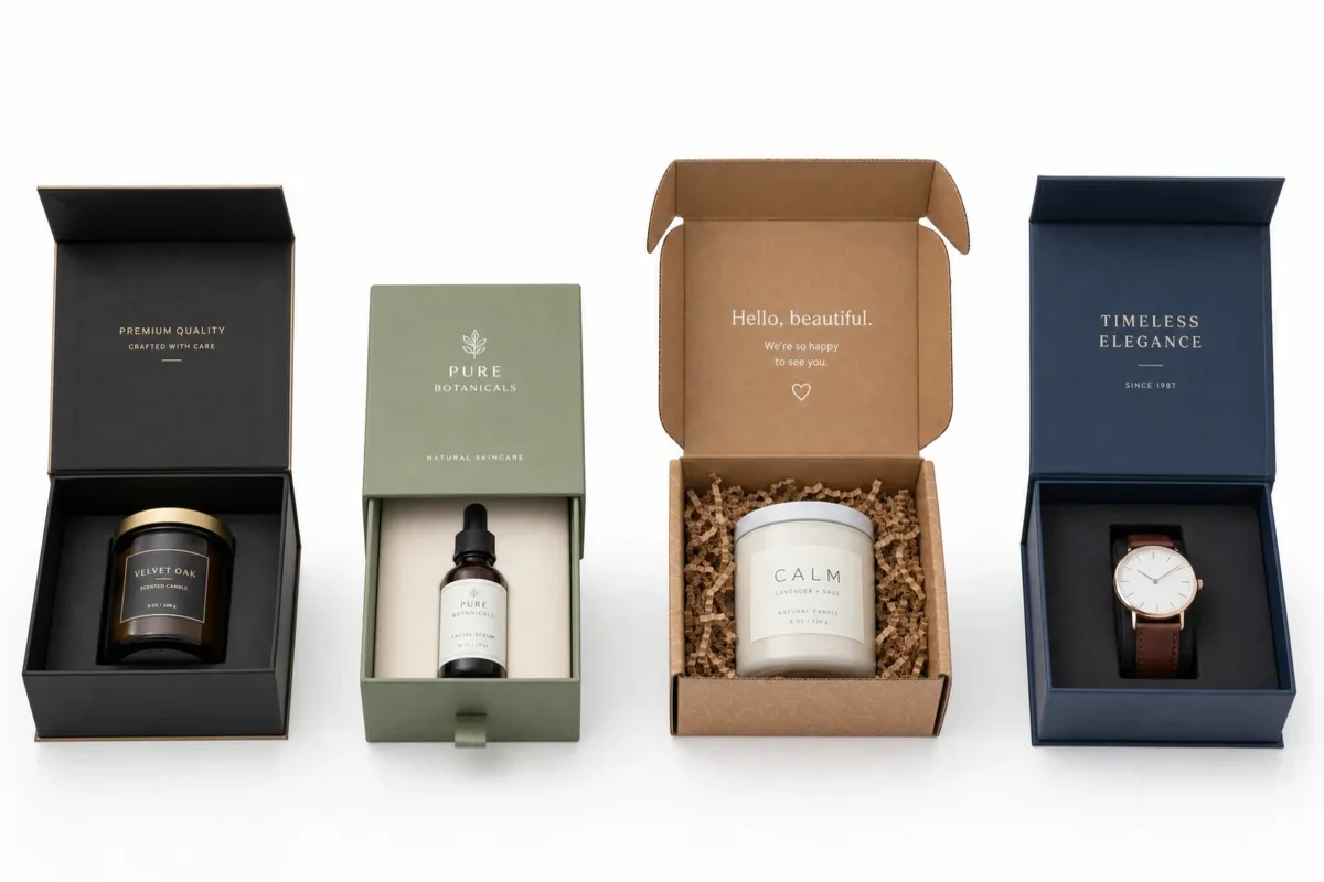 Four custom packaging box styles shown side by side: magnetic rigid box, drawer slide box, corrugated mailer box, and book-style hinged box, each with a product inside