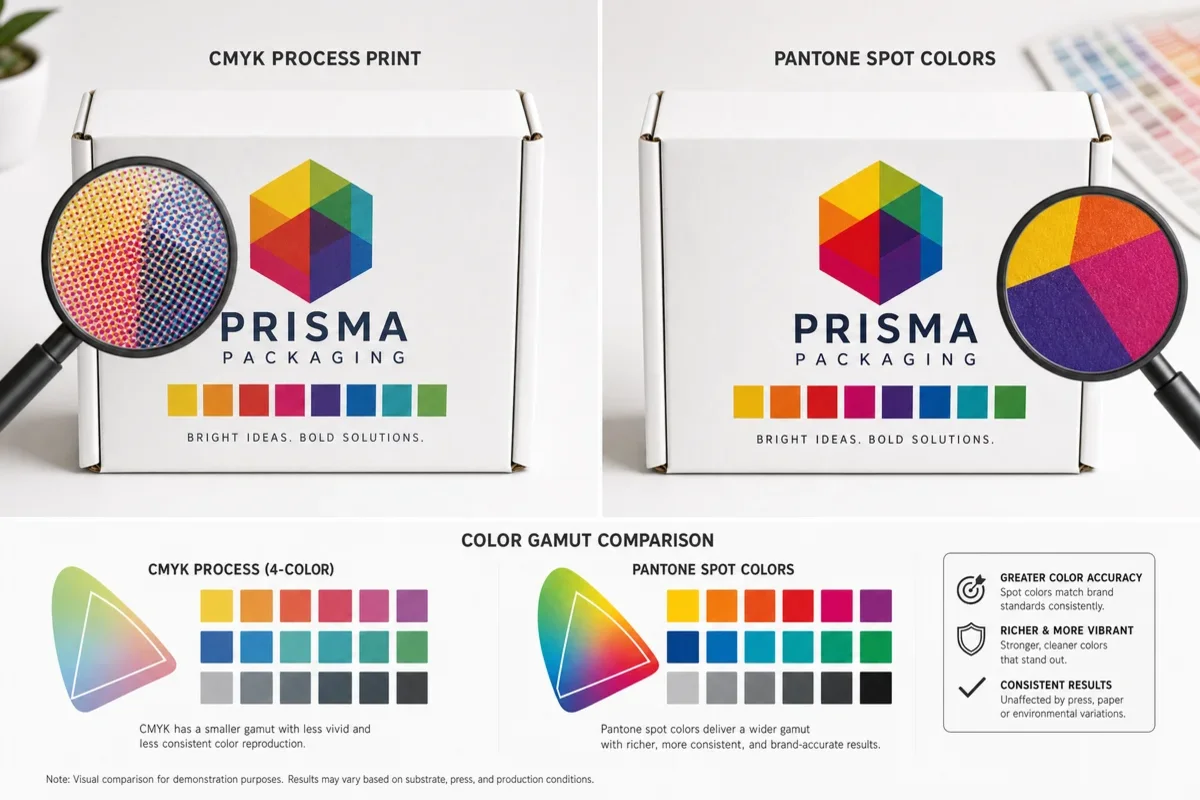 Side-by-side comparison of CMYK printed packaging versus Pantone spot color printed packaging showing the color gamut and consistency differences on a white folding carton