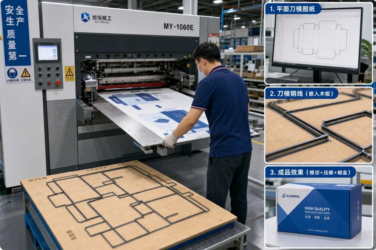 Die-cutting press in a Chinese packaging factory with a printed sheet being cut and creased showing the flat dieline, steel cutting rules, and finished folded box