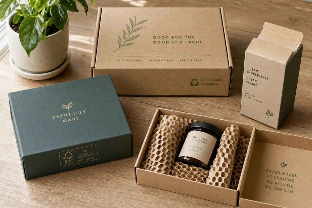 Eco-friendly custom packaging samples made from FSC-certified paperboard and kraft materials with soy-based ink printing displayed on a natural wooden surface