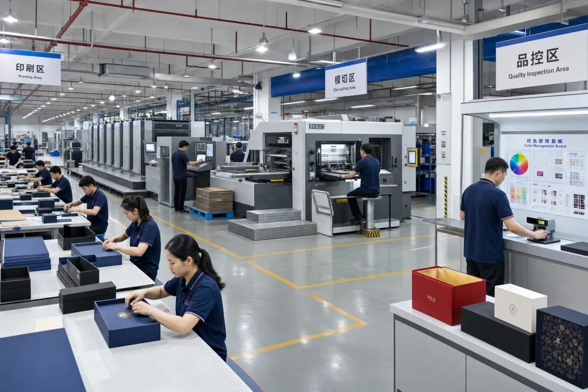 Wide shot of a modern Chinese packaging factory workshop showing offset printing presses, die-cutting stations, and workers assembling rigid boxes with quality inspection area