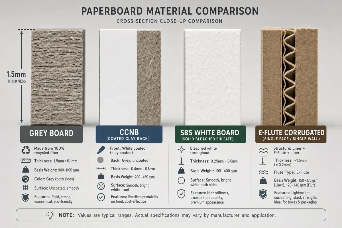 Cross-section comparison of four paperboard types used in custom packaging: grey board, CCNB, SBS white board, and E-flute corrugated, showing GSM ranges and structural properties