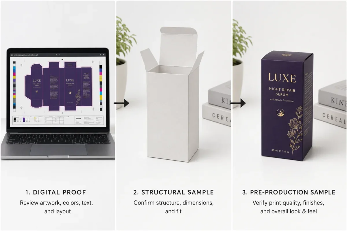 Three-stage packaging sampling process: digital proof on screen, structural white sample box, and finished pre-production sample with full printing and finishing