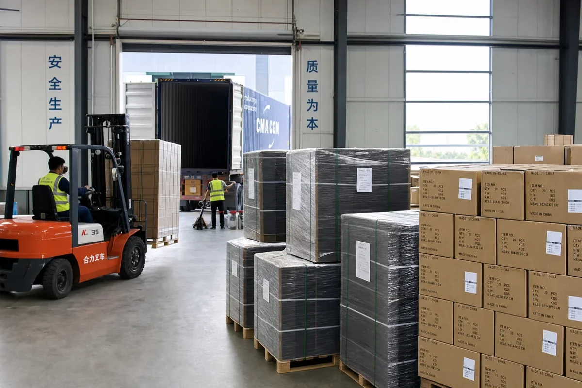 Shipping logistics for custom packaging from China: pallets of rigid boxes and flat-packed folding cartons ready for export, with sea freight container in the background
