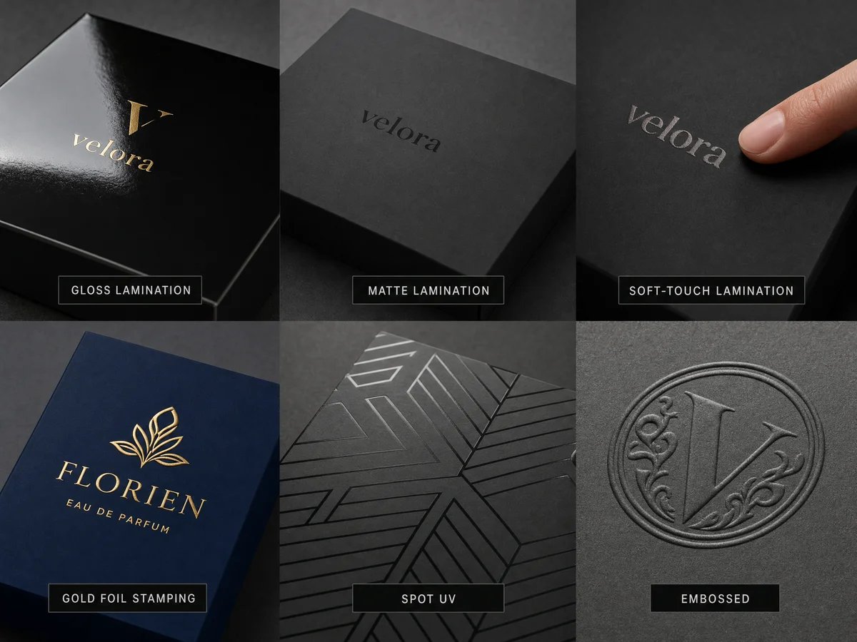 Grid of six packaging surface finishing samples: gloss lamination, matte lamination, soft-touch, gold foil stamping, spot UV on matte, and embossed logo detail