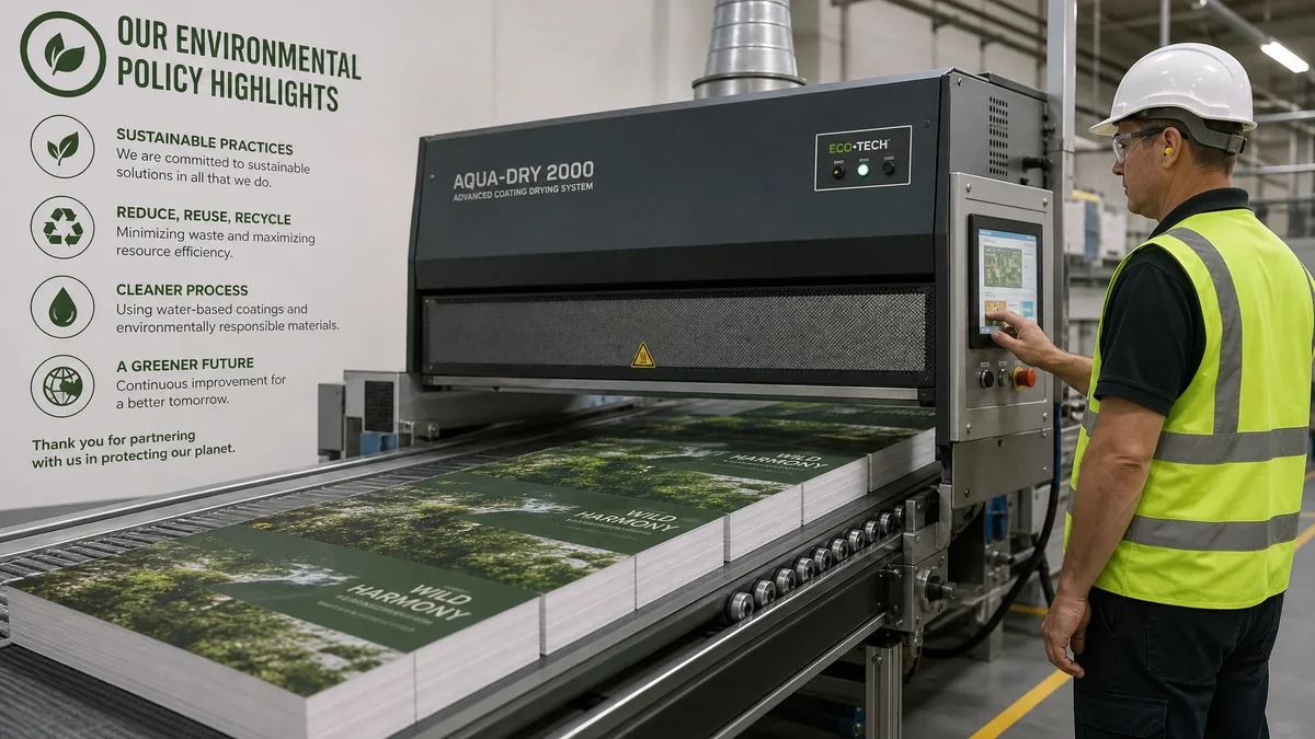 Water-based aqueous coating being applied to printed book covers in an eco-friendly printing facility
