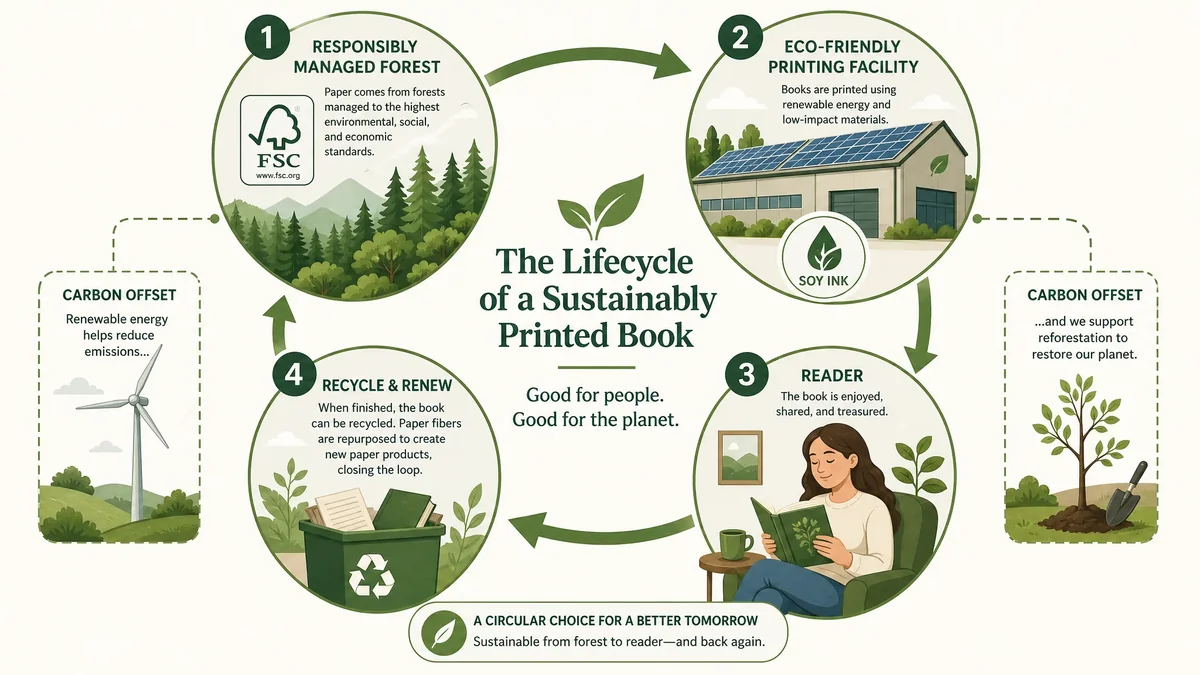 Infographic showing the carbon-neutral book printing lifecycle from sustainable forestry through manufacturing to recycling