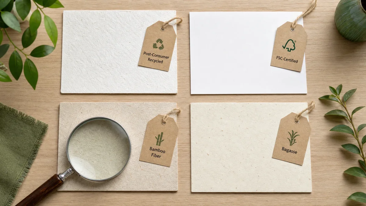 Comparison of sustainable paper types for eco-friendly book printing including recycled, FSC-certified, bamboo, and bagasse paper samples