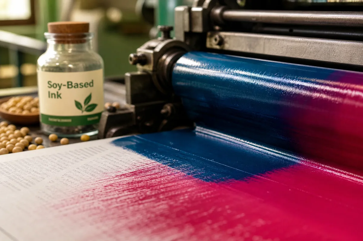 Close-up of soy-based ink application on paper during eco-friendly book printing process showing vibrant color result