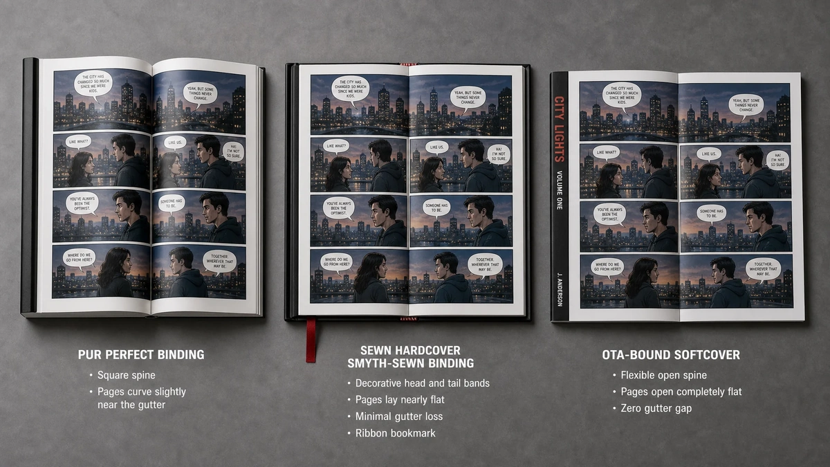 Top-down comparison of three graphic novel binding methods: PUR perfect bound, sewn hardcover with head/tail bands, and OTA-bound with flexible spine — all opened to center spread