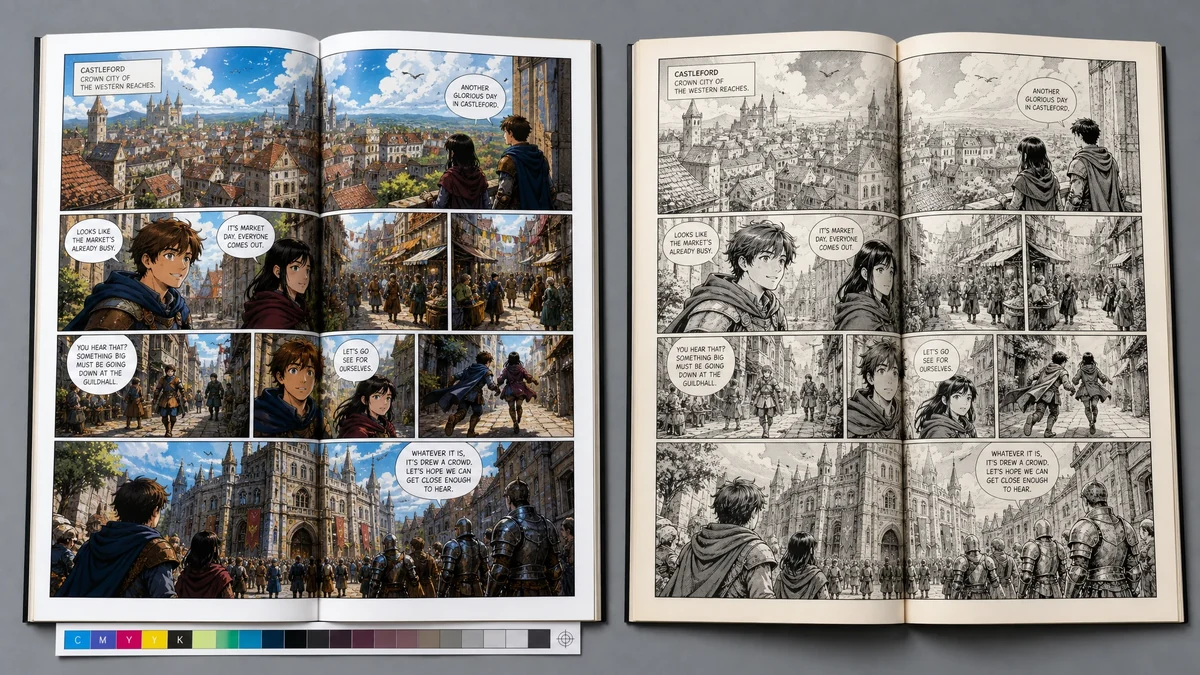 Side-by-side comparison of the same graphic novel spread printed in full CMYK color versus black-and-white monochrome, showing how color choice affects both aesthetics and printing costs