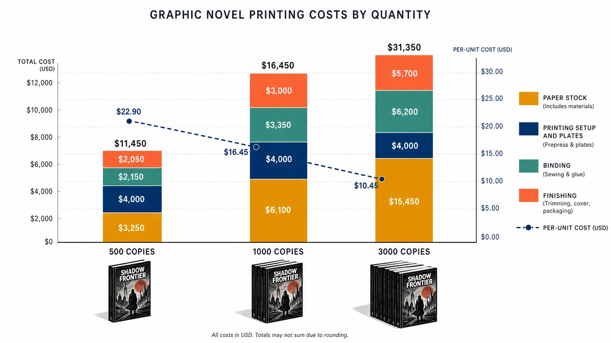 Infographic stacked bar chart showing graphic novel printing cost breakdown by quantity tier (500, 1000, 3000 copies) segmented by paper, printing, binding, and finishing costs