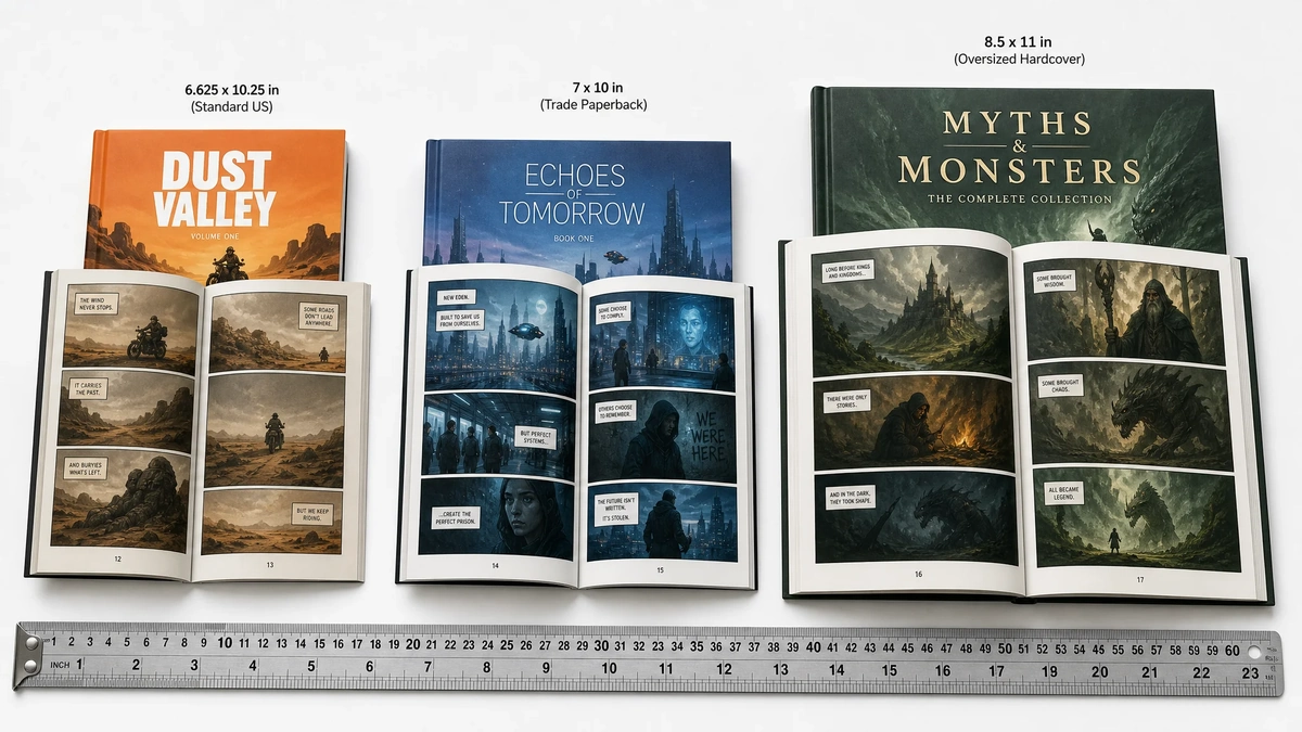 Three graphic novels in different trim sizes compared — 6.625×10.25 inch standard, 7×10 inch trade, and 8.5×11 inch deluxe format with measuring tape for scale