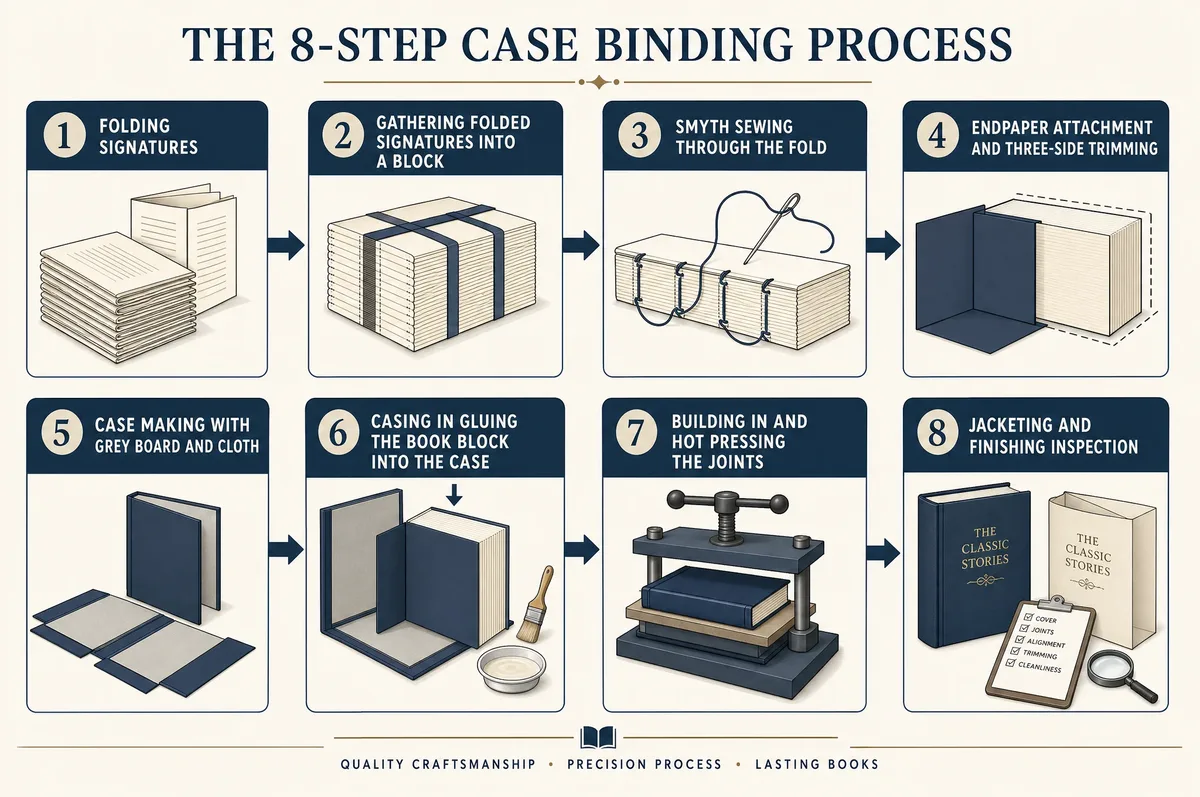 Step-by-step diagram of the case binding production process from folding to finished book