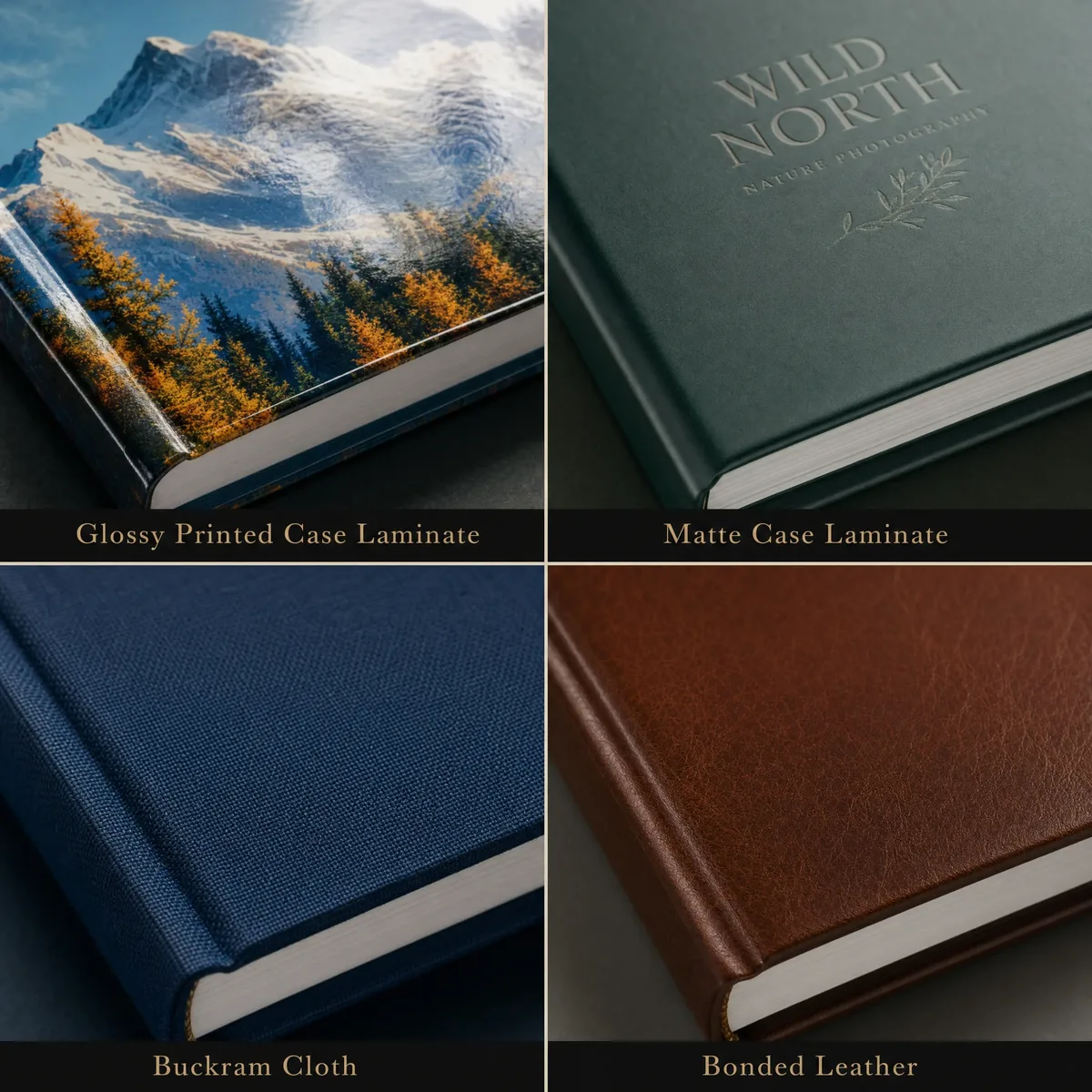 Close-up comparison of four hardcover materials: printed case laminate, buckram cloth, linen, and bonded leather