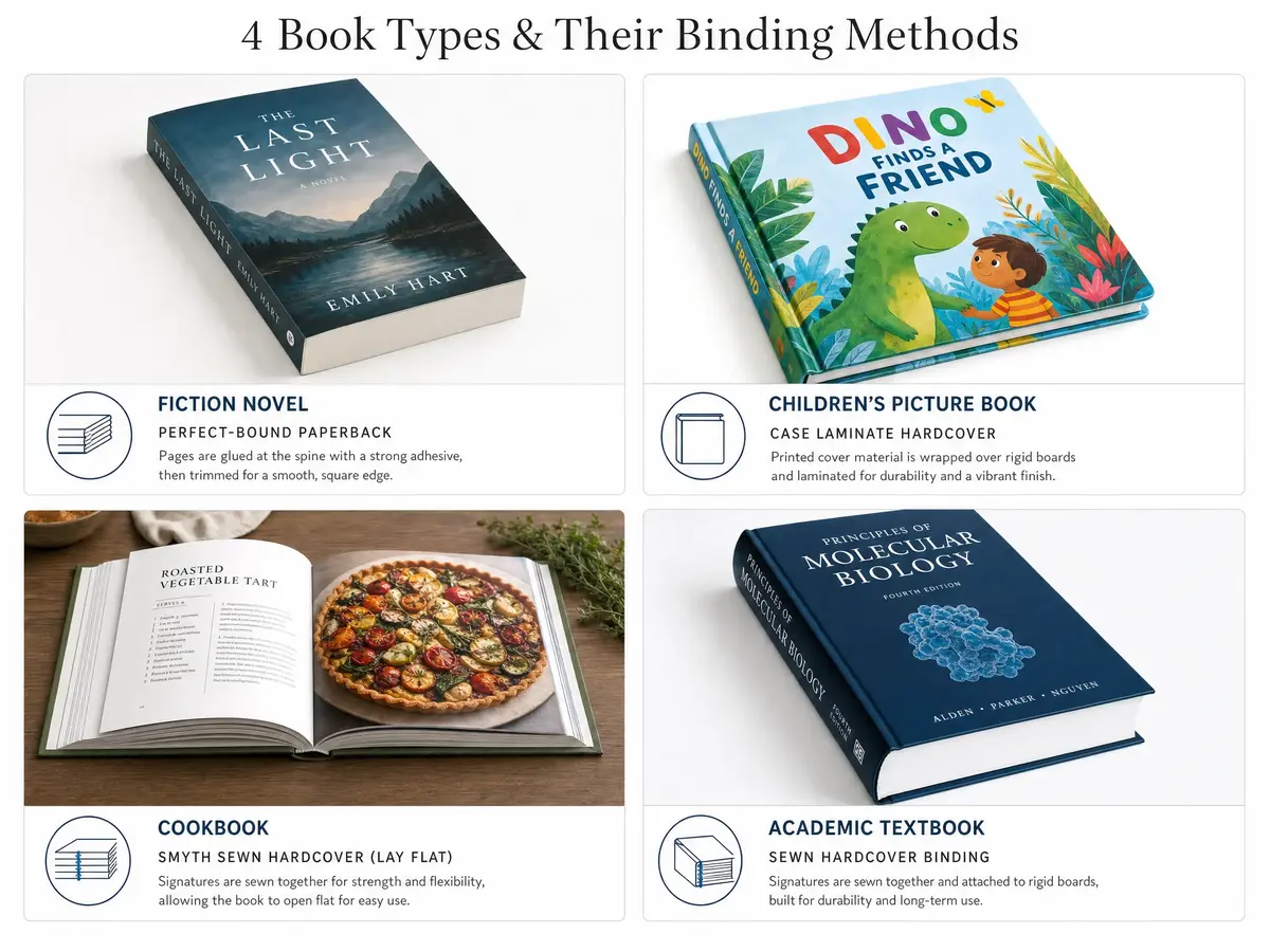 Different book types matched to appropriate binding methods — novel, cookbook, children's book, and textbook examples