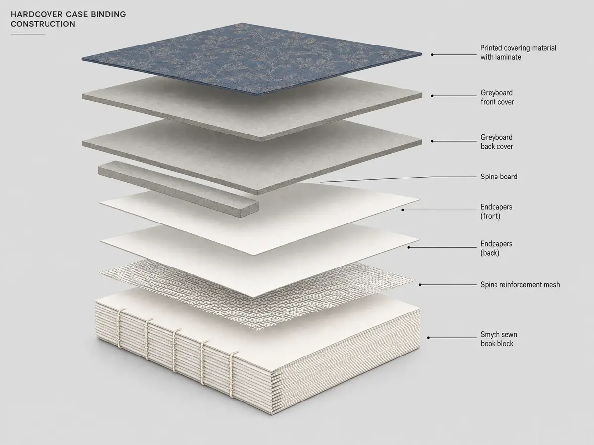 Hardcover case binding structure showing greyboard, endpapers, spine board, and covering material layers