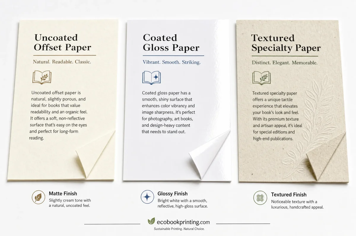 Comparison of different paper types for book printing - uncoated, coated gloss, and specialty paper samples