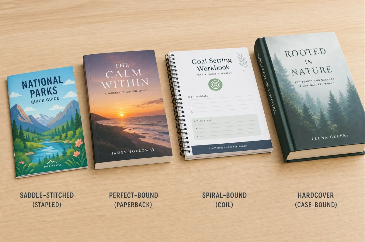 Book binding methods comparison - saddle stitch, perfect binding, spiral, and hardcover case binding examples