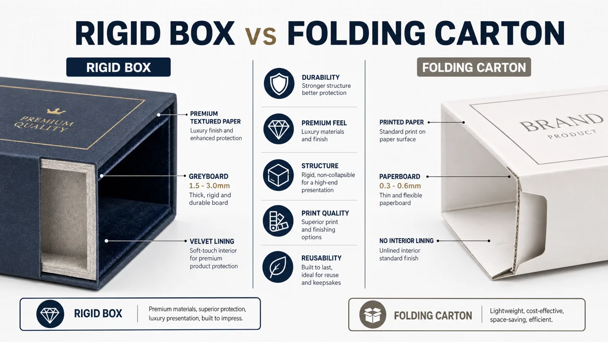 Side-by-side comparison of rigid box and folding carton packaging structures showing material thickness differences