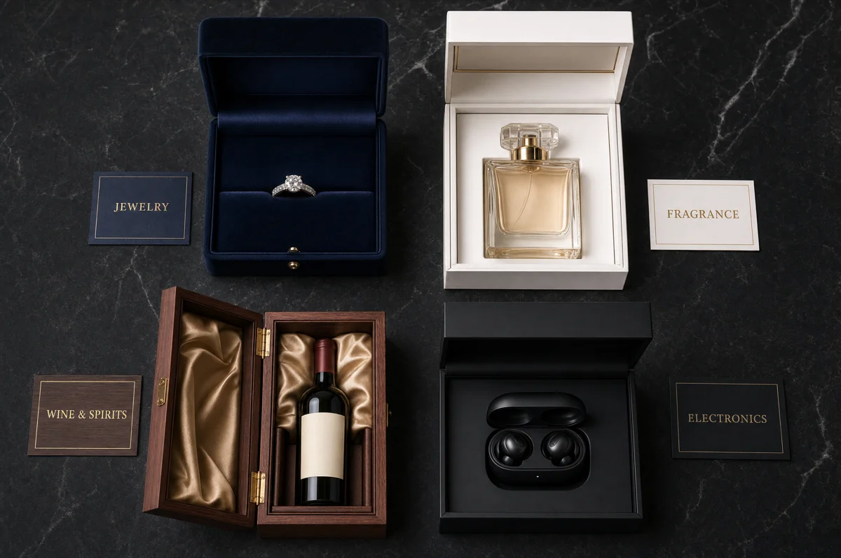 Collection of luxury rigid boxes for jewelry, perfume, wine, and electronics displayed with their interior inserts