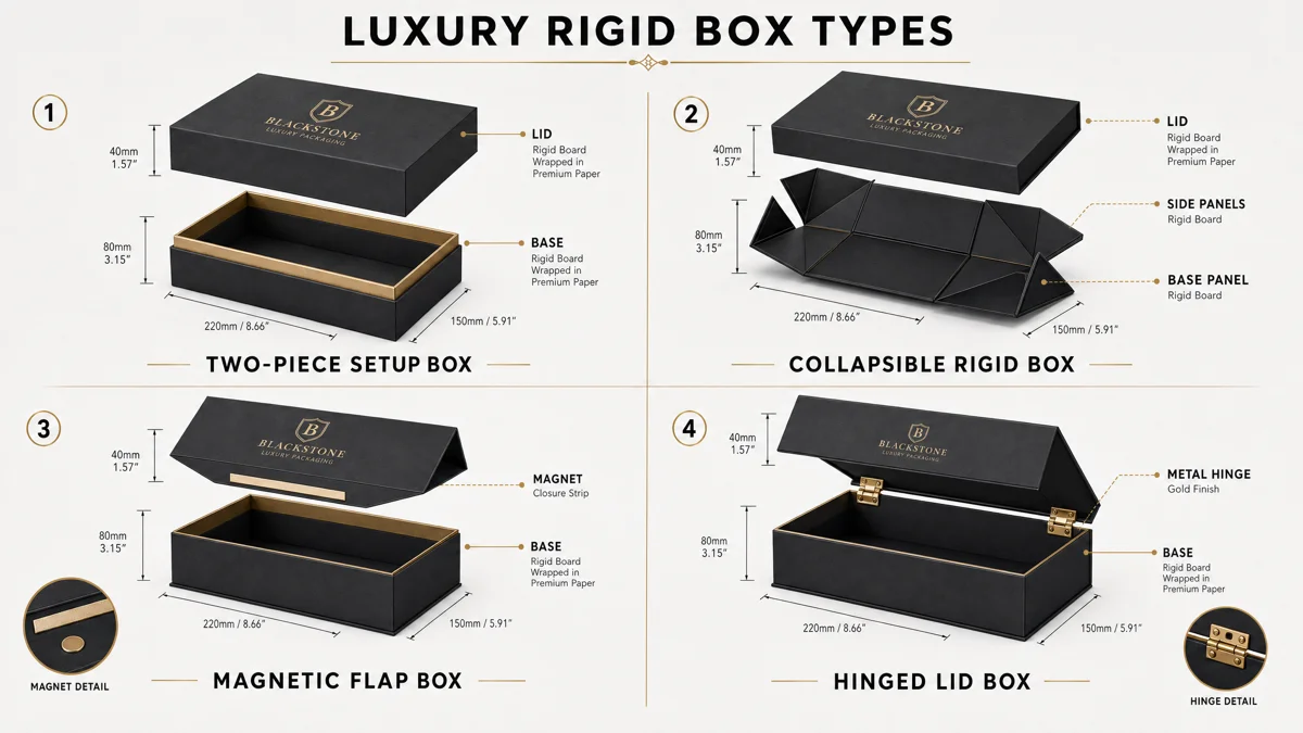 Four types of rigid box structures: two-piece, collapsible, magnetic closure, and hinged lid, shown in cross-section