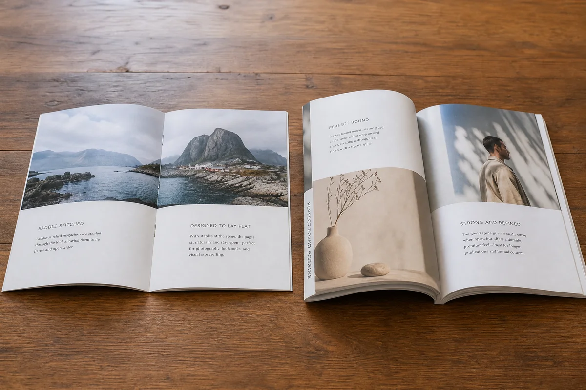 Comparison of saddle stitch binding and perfect binding for magazines showing spine construction, page count ranges, and finished look