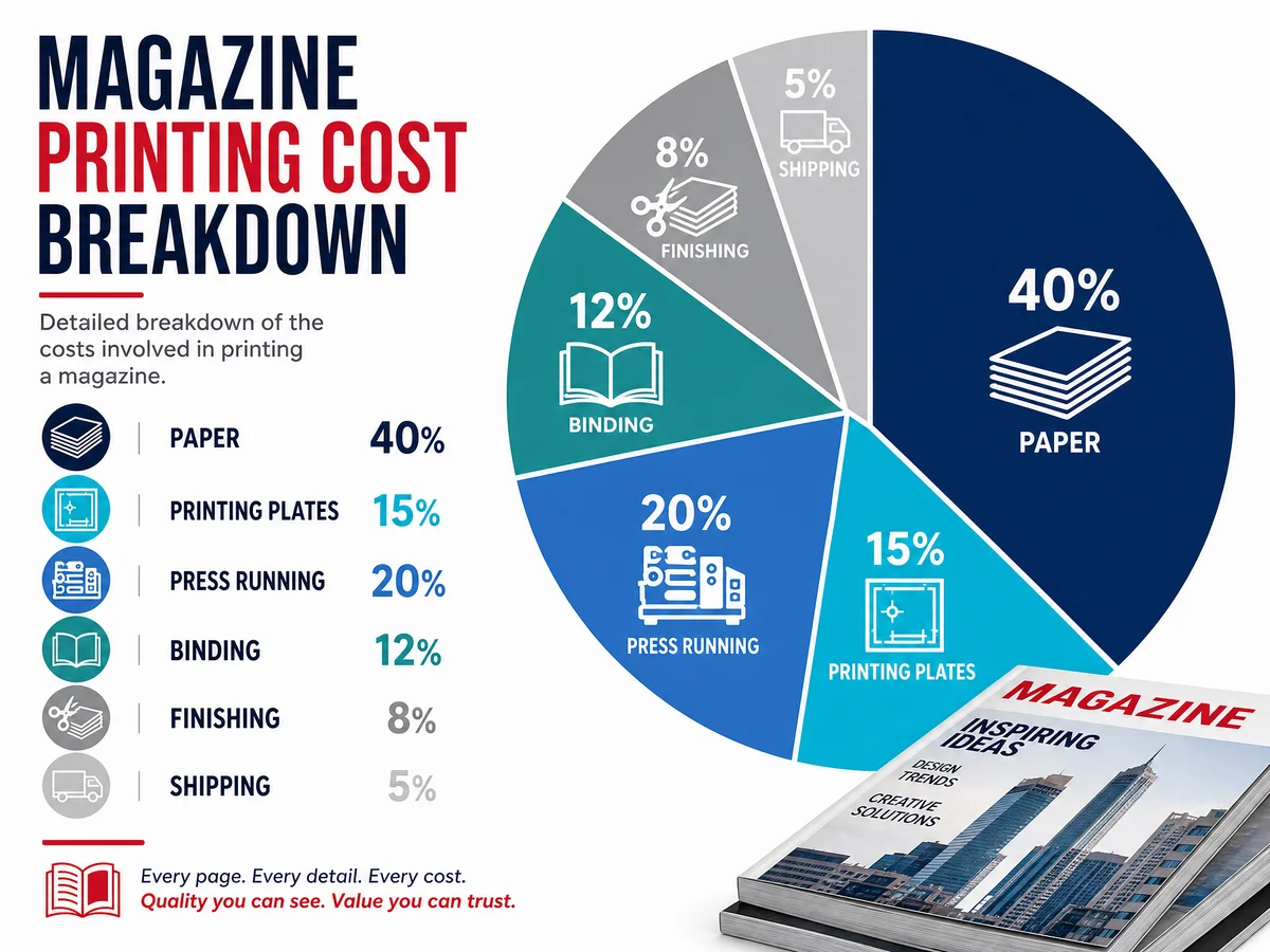 Visual breakdown of magazine printing cost components: paper, printing plates, press running, binding, finishing, and shipping as percentage of total cost