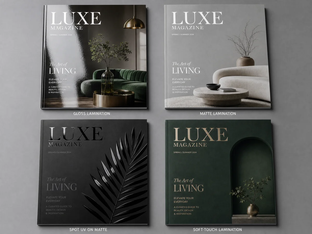Four magazine cover finishing samples: gloss lamination, matte lamination, spot UV on matte, and soft-touch lamination showing visual and tactile differences
