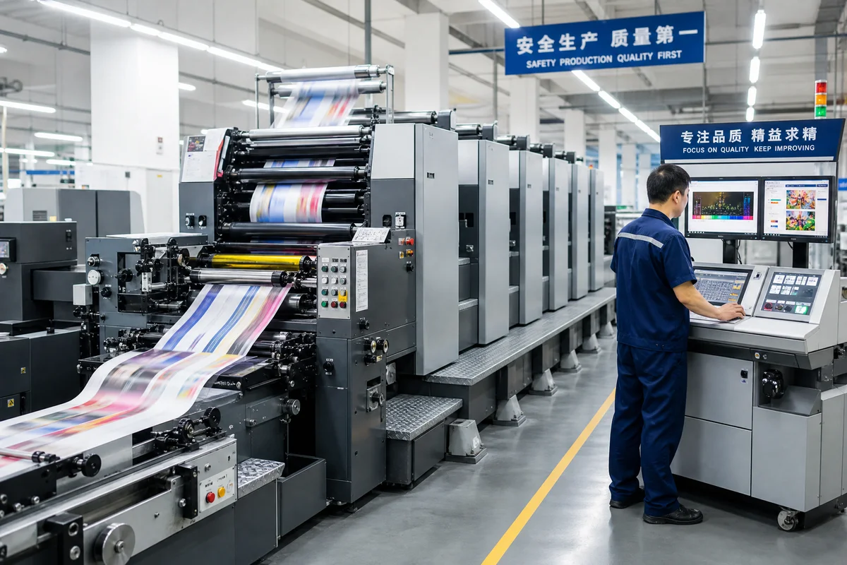 Commercial offset printing press running magazine sheets in a Chinese printing factory with print operator checking color registration