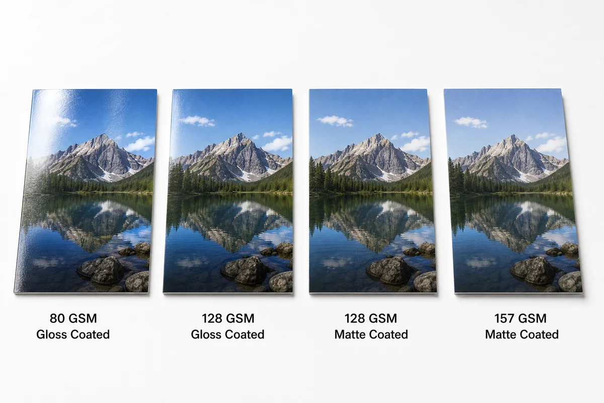 Side-by-side comparison of gloss coated and matte coated paper samples at 80, 128, and 157 GSM showing ink reproduction and opacity differences for magazine printing