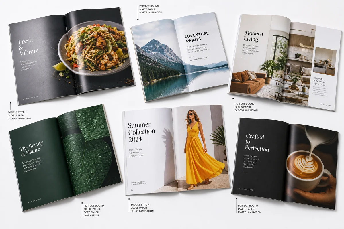 Collection of finished magazine samples printed in China showing different paper stocks, bindings, and cover finishes displayed open on a white surface
