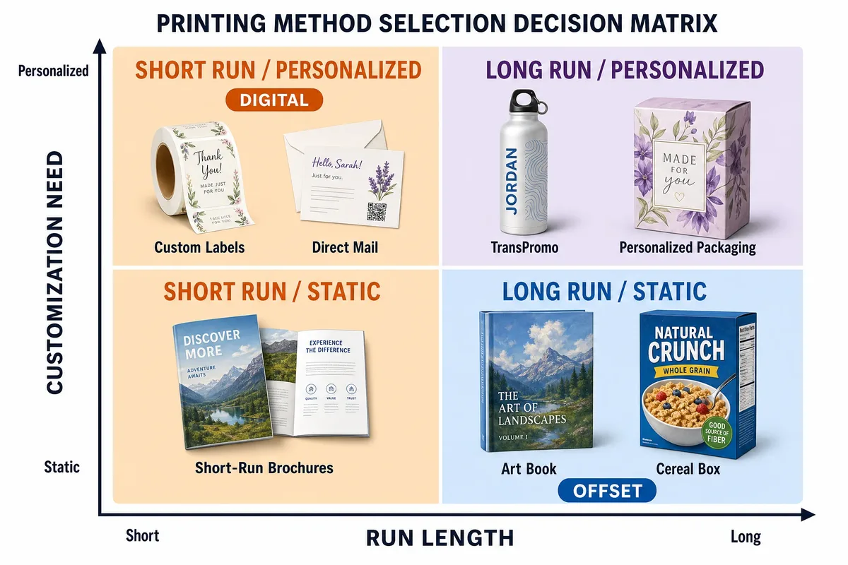 Application scenario guide showing which printing method suits art books, packaging, labels, and book production