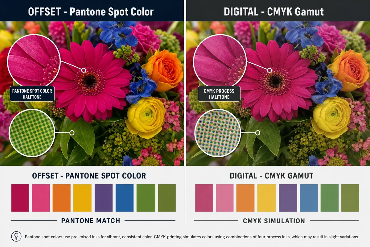 Side-by-side color accuracy comparison between offset Pantone spot colors and digital CMYK gamut reproduction