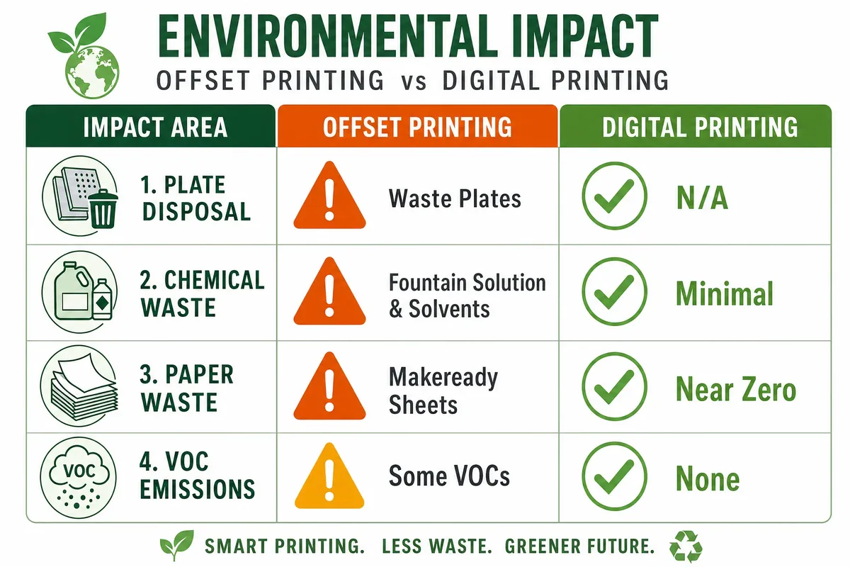 Environmental impact comparison between offset and digital printing including waste, chemicals, and energy use